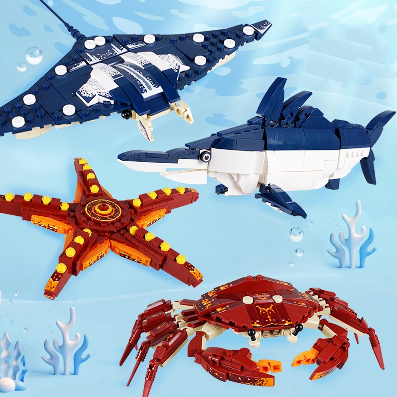 Aquarium Fish Lego - 創造的な組み立てカニ海洋動物ビルディングブロックDIYタツノオトシゴイカサメビルディングブロックおもちゃ動物園水中少年ロボット