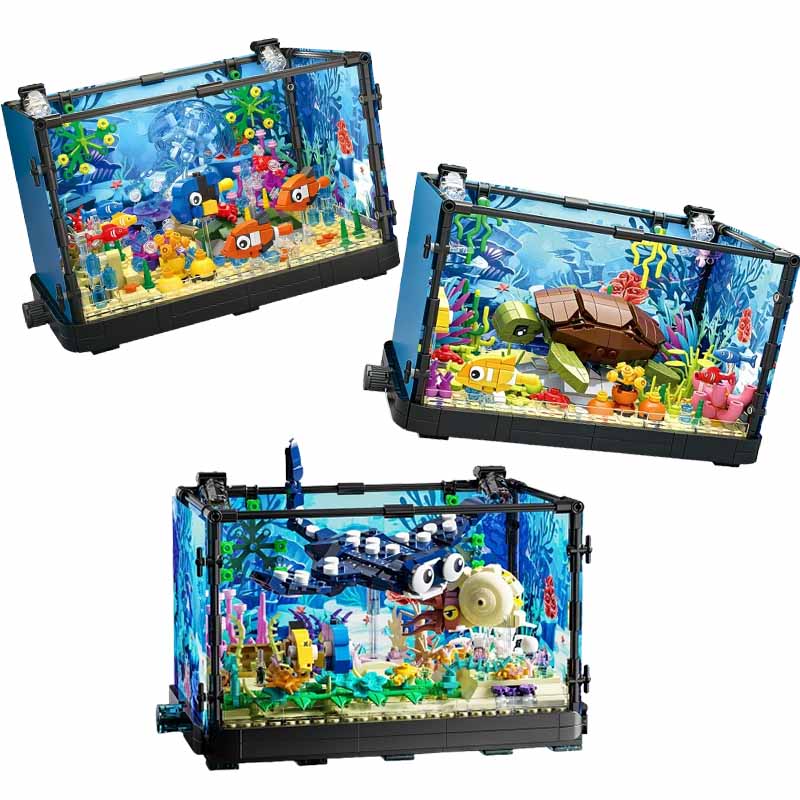 Aquarium Fish Lego - ライト付き水槽ビルディングブロックセット、水槽、海洋カメ、14歳以上の子供向けビルディングブロックおもちゃ、ギフト、家の装飾