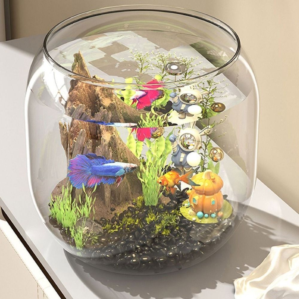 Aquarium Fish Live - 透明な丸型水槽、割れにくいプラスチック製観賞水槽、装飾的な落下防止デスクトップ小型水槽、リビングルーム用
